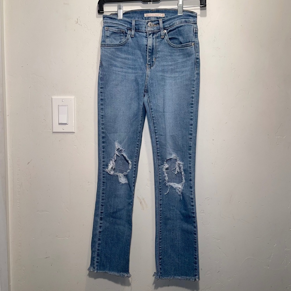Levis 724 High Rise Straight Distressed Jeans Medium Wash Raw Hem Size 24